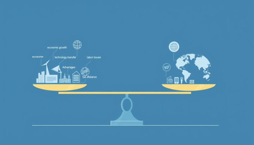 Balance scale showing advantages and disadvantages of multinational business with regulatory frameworks Balance scale showing advantages and disadvantages of multinational business with regulatory frameworks
