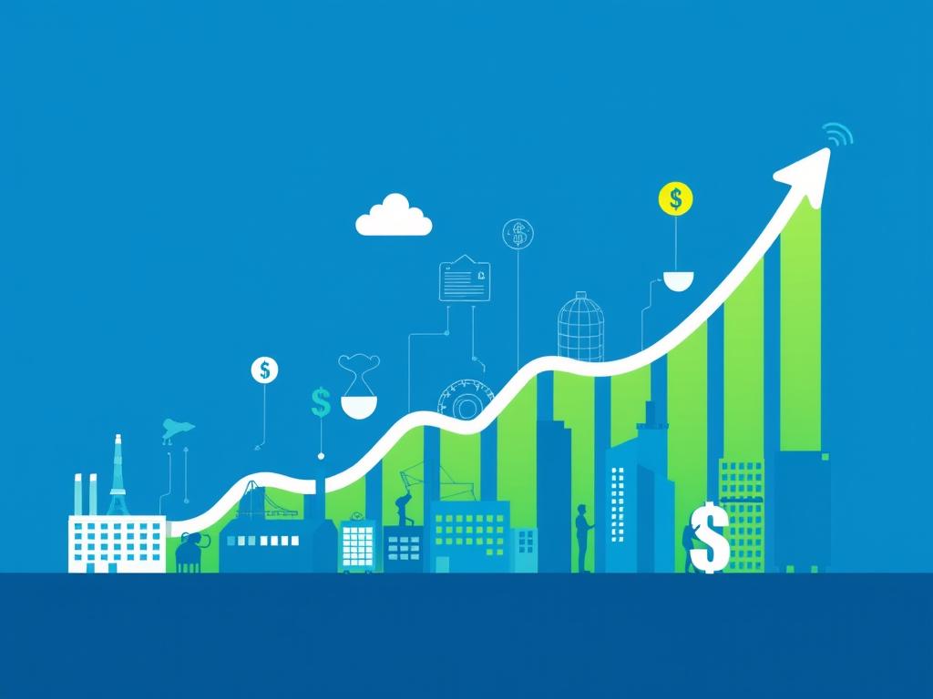 Economic growth chart showing positive impact of multinational business investments with upward trending graphs Economic growth chart showing positive impact of multinational business investments with upward trending graphs