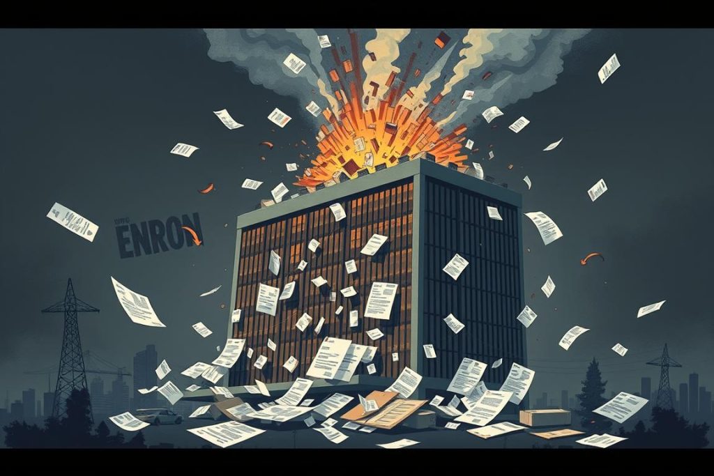 Enron corporate failure illustration showing collapse of multinational business operations Enron corporate failure illustration showing collapse of multinational business operations