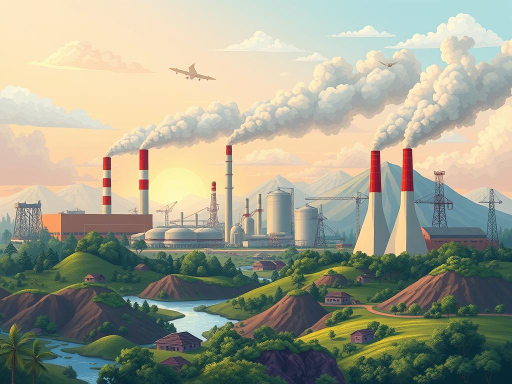 Environmental impact of multinational business operations showing industrial pollution and resource extraction Environmental impact of multinational business operations showing industrial pollution and resource extraction