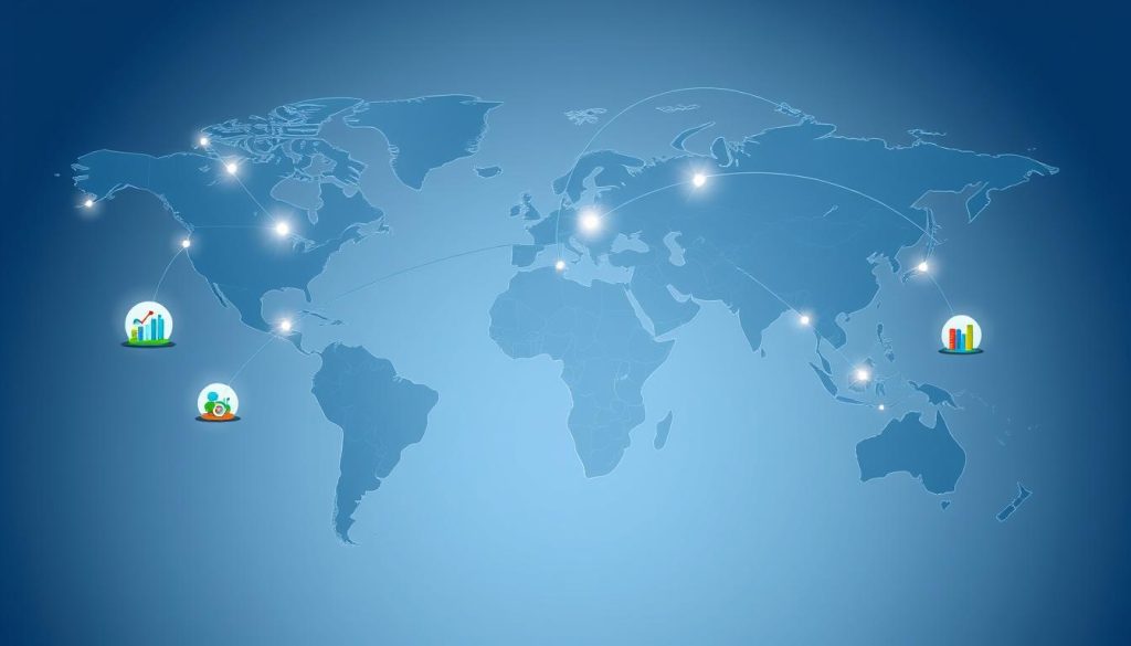Global map showing multinational business connections across continents with advantages and disadvantages of multinational business highlighted