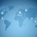 Global map showing multinational business connections across continents with advantages and disadvantages of multinational business highlighted