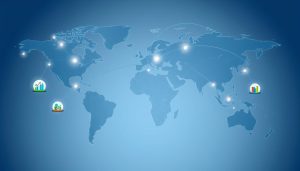 Global map showing multinational business connections across continents with advantages and disadvantages of multinational business highlighted