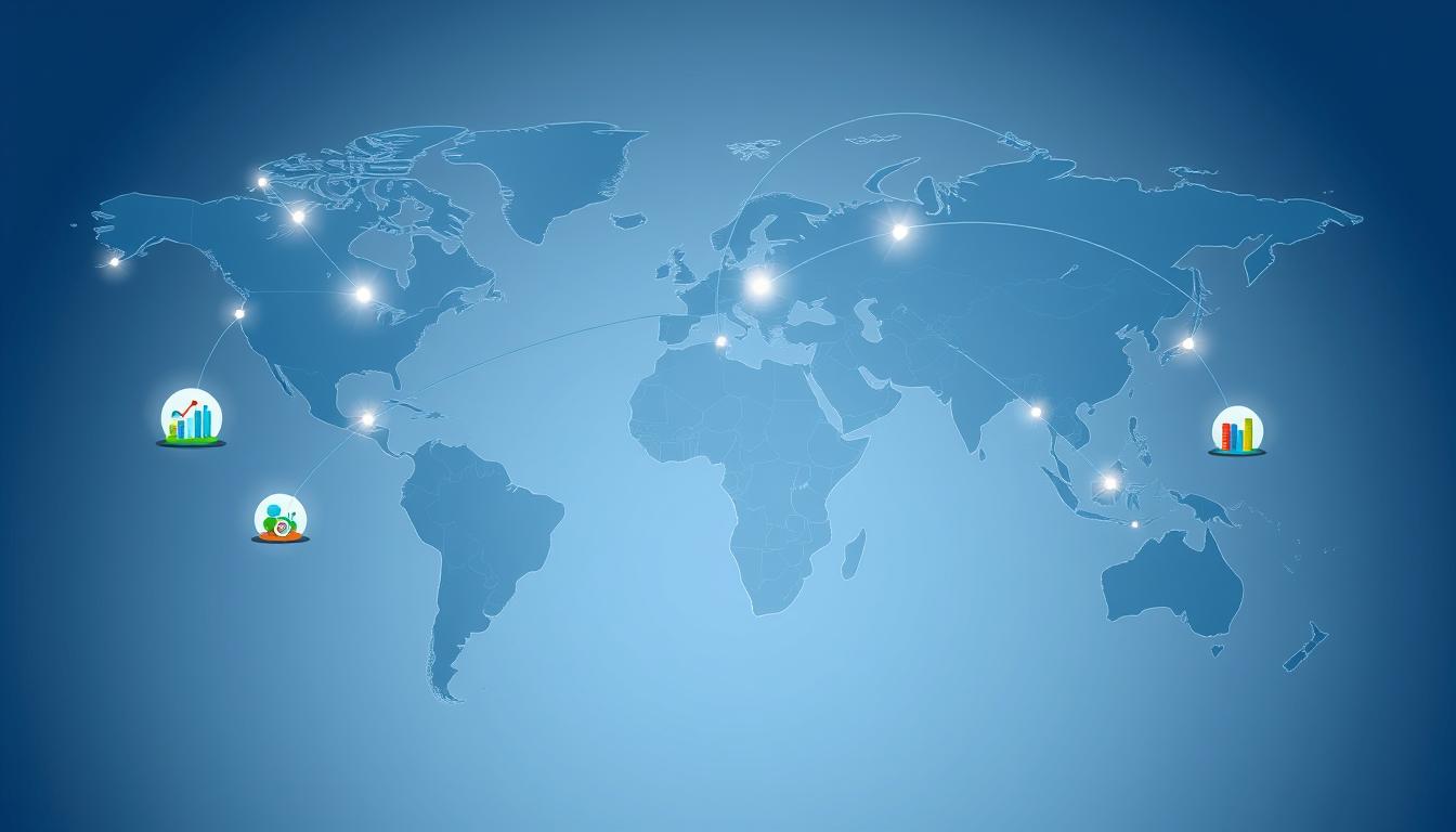 Global map showing multinational business connections across continents with advantages and disadvantages of multinational business highlighted
