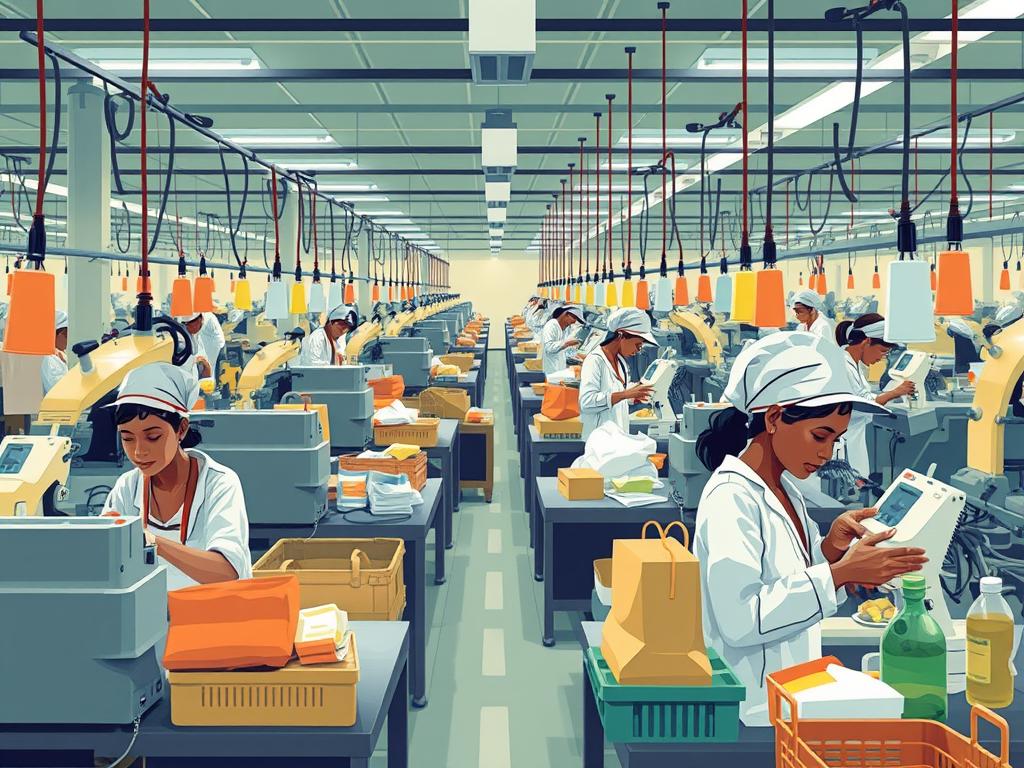 Labor conditions in multinational business supply chains showing factory workers in developing countries Labor conditions in multinational business supply chains showing factory workers in developing countries