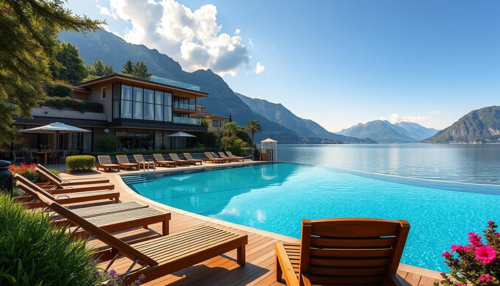 Lake Como wellness resort with alpine mountain backdrop Lake Como wellness resort with alpine mountain backdrop
