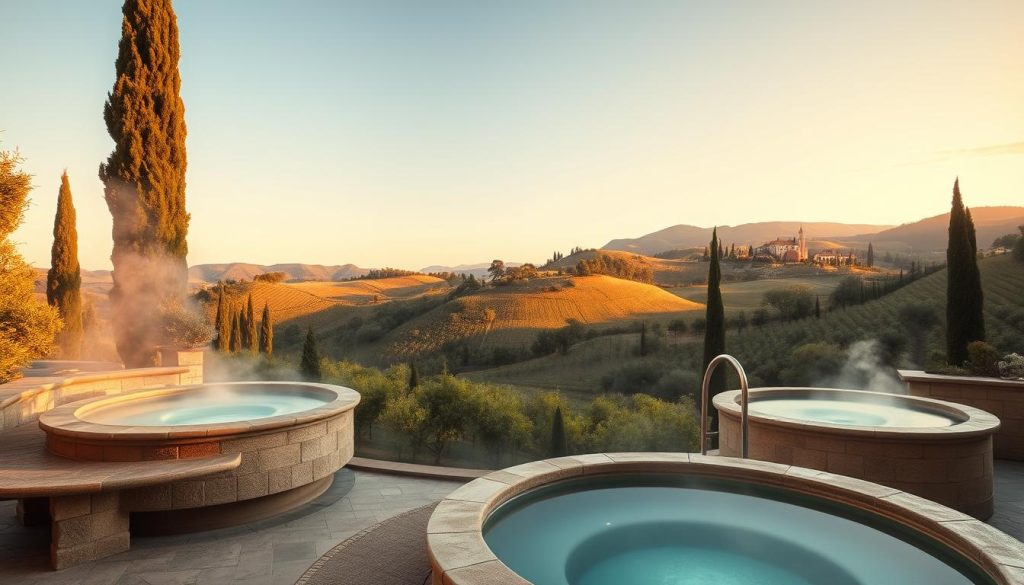 Tuscany spa thermal pools surrounded by scenic landscape Tuscany spa thermal pools surrounded by scenic landscape